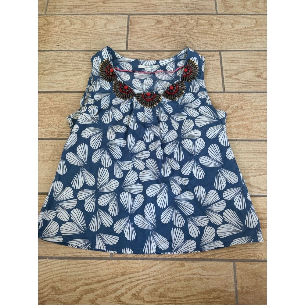 Boden Navy White Leaf Print Beaded Neck Tank Blouse Boho Career Size 12